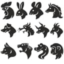 Chinese Zodiac Animals Head Silhouettes Vector DXF