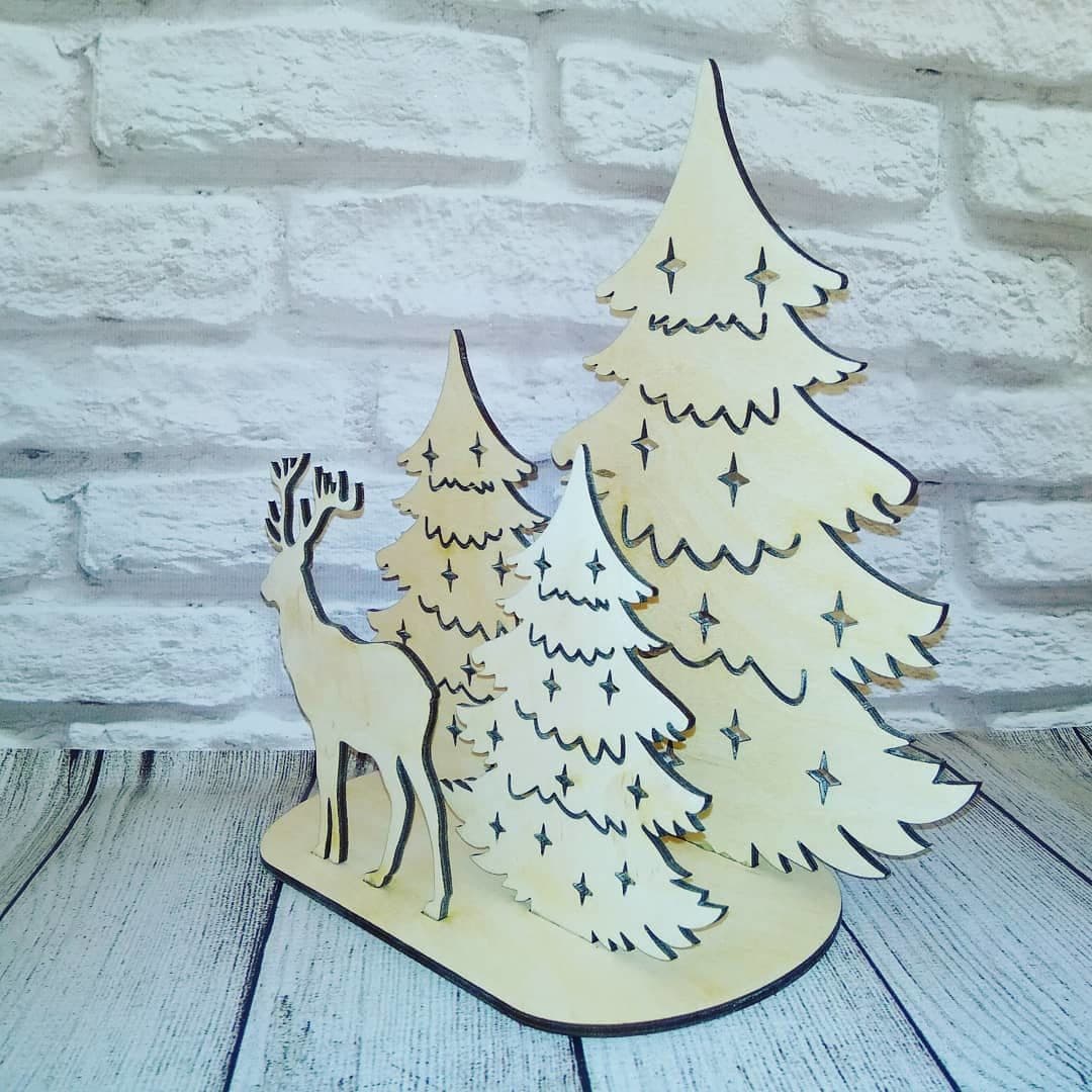 Christmas Deer and Pine Trees Laser Cut Vector File
