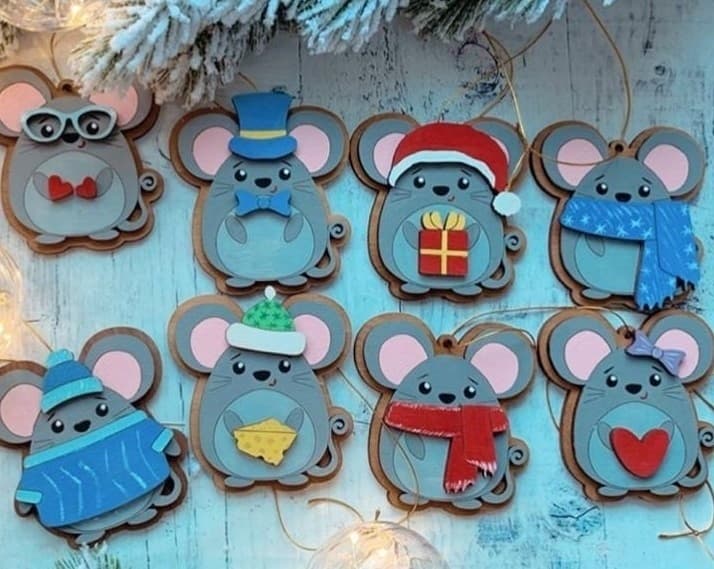 Cute Christmas Mouse Ornaments Vector Laser Cut Files