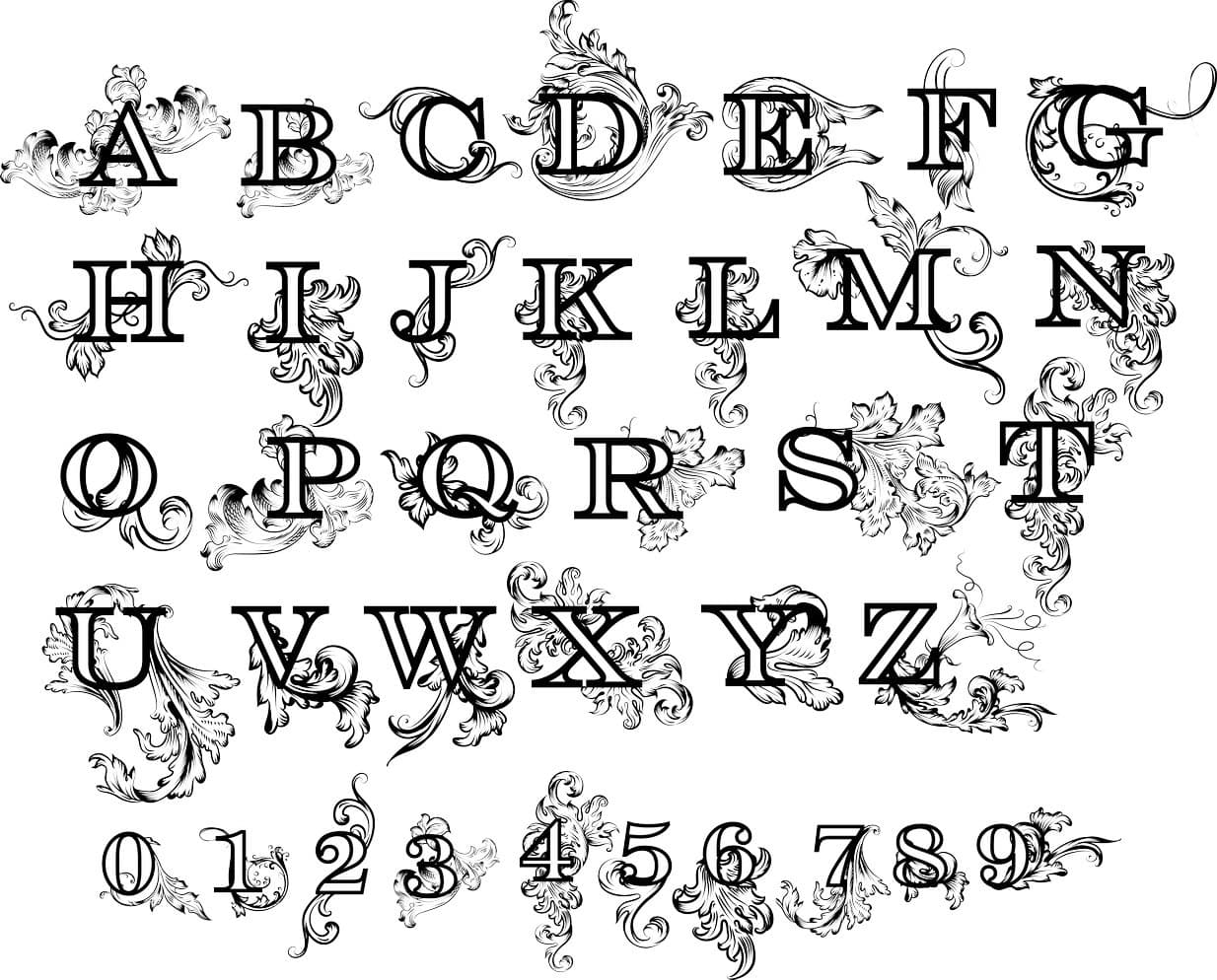 Elegant Floral Alphabet and Numbers Vector Set for Laser Cutting
