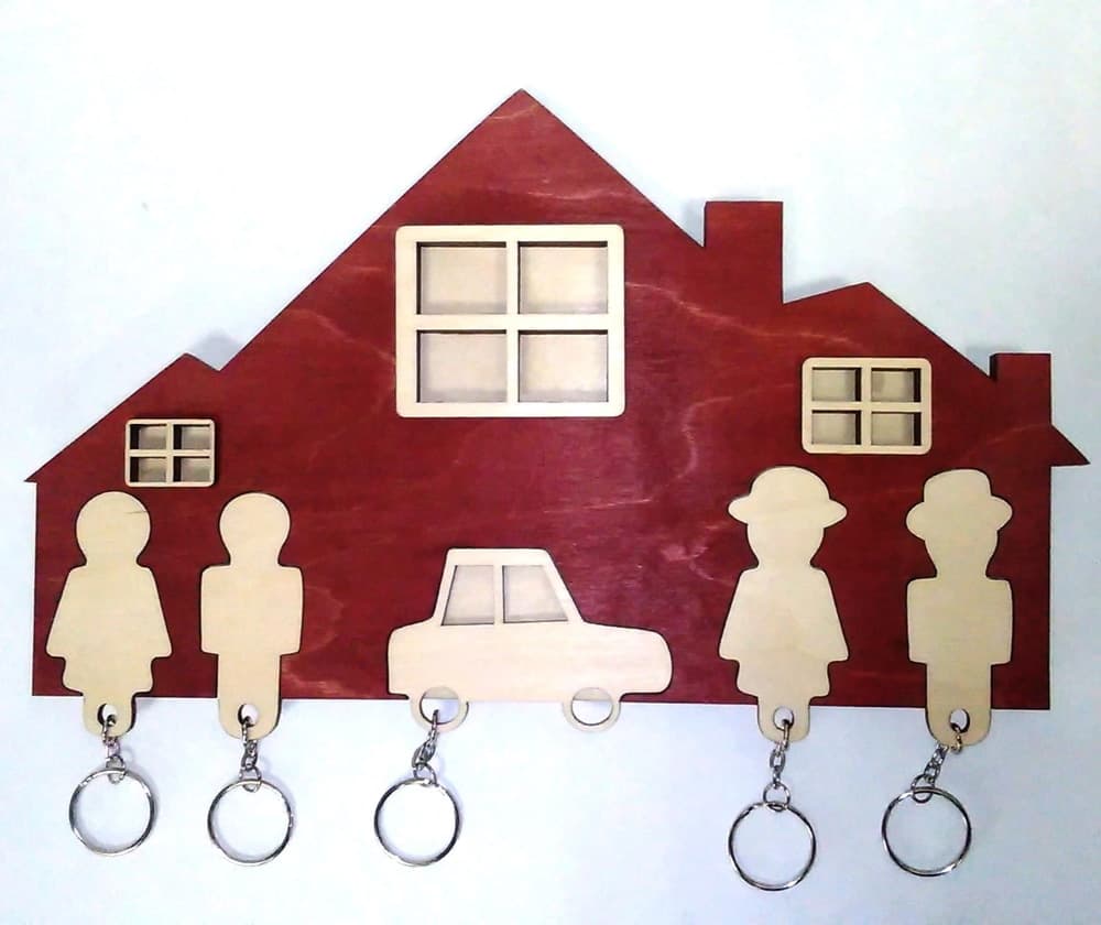 Family House Wall Key Holder with Keychains DXF SVG Laser Cut File