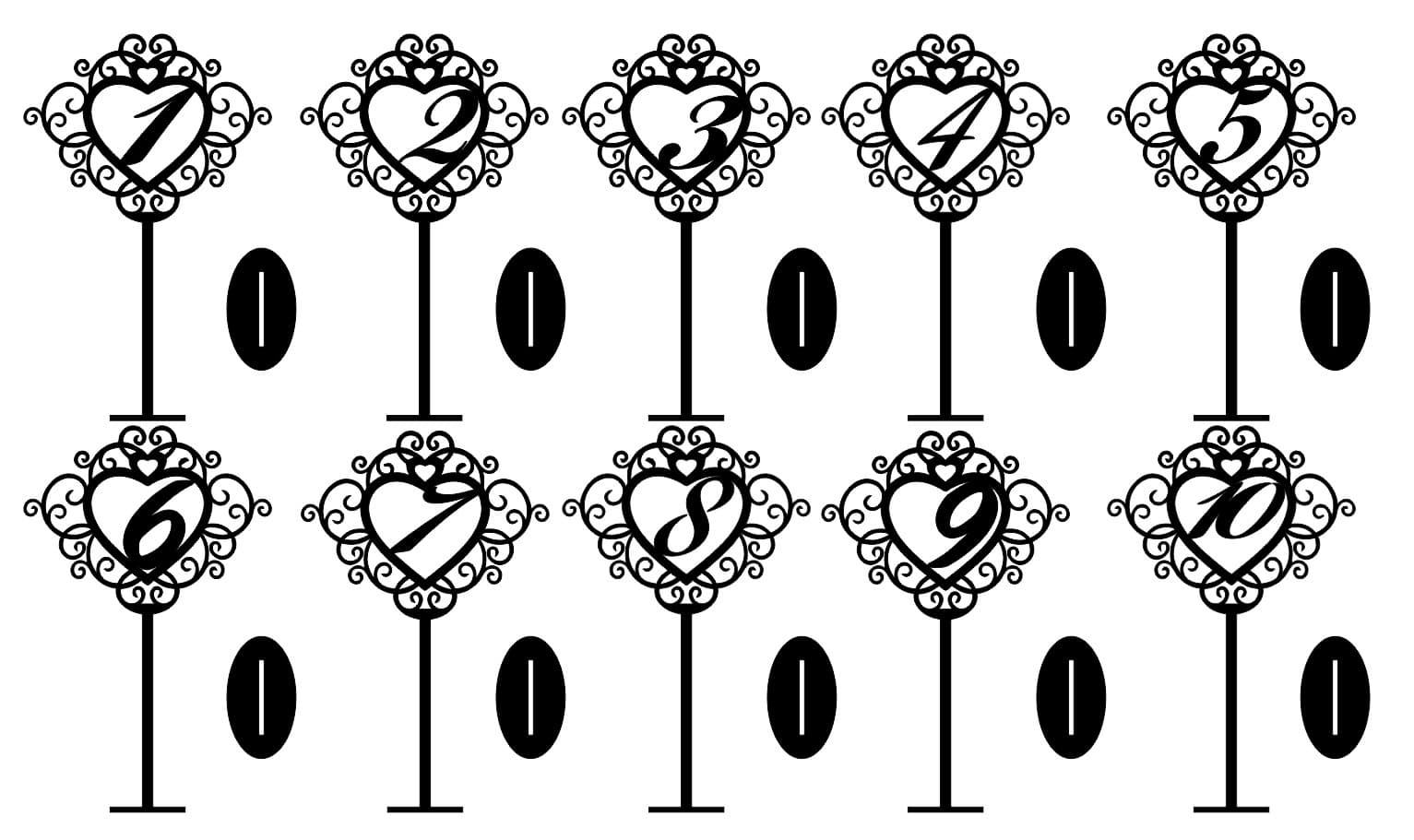 Heart Shaped Table Numbers for Weddings Laser Cut Vector
