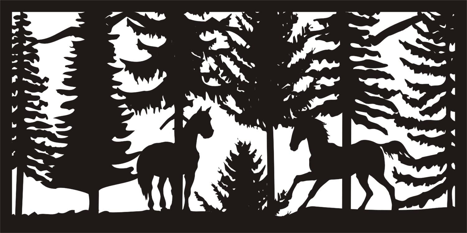 Horses in Pine Forest Decorative Panel DXF Vector File