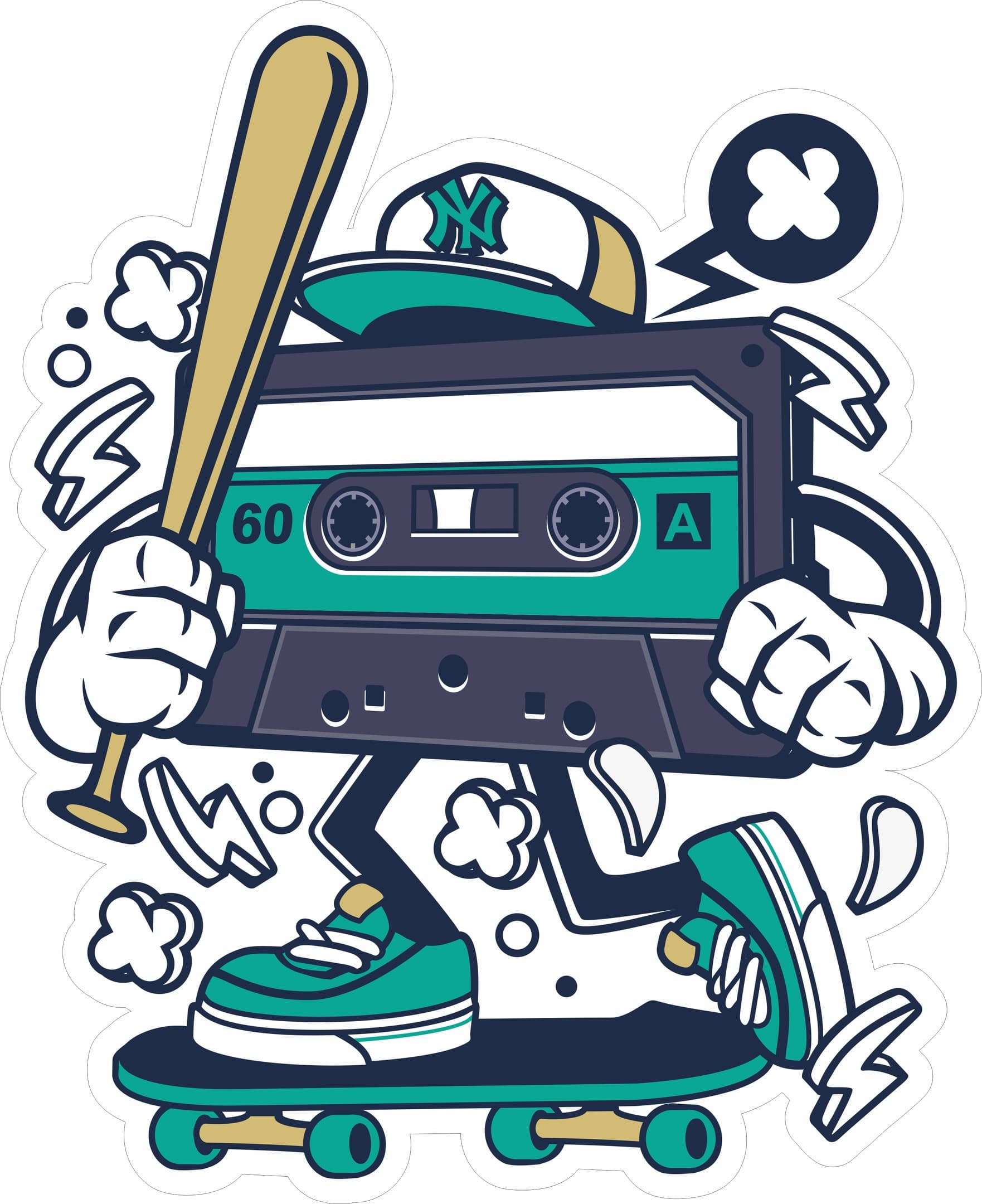 Retro Cassette Skater Character Vector for Laser Cutting and Print