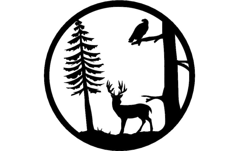 Rustic Deer and Forest Scene Vector Design DXF File