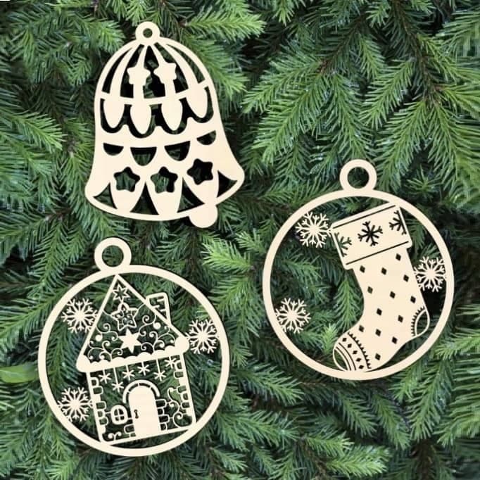 Set of 3 Festive Christmas Ornament Vector Files for Laser Cutting