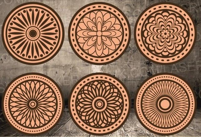 Set of 6 Decorative Mandala Coaster Laser Cut Files (CDR, SVG)