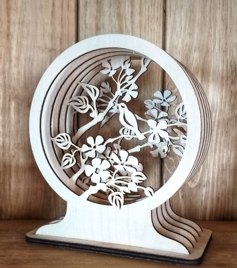 3D Layered Bird on Branch Floral Desk Decor Laser Cut Vector