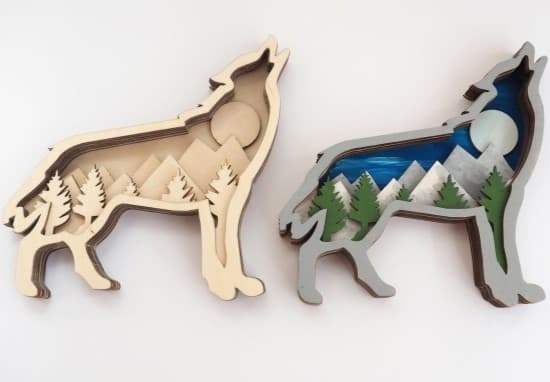 3D Layered Howling Wolf Mountain Scene Laser Cut Vector File