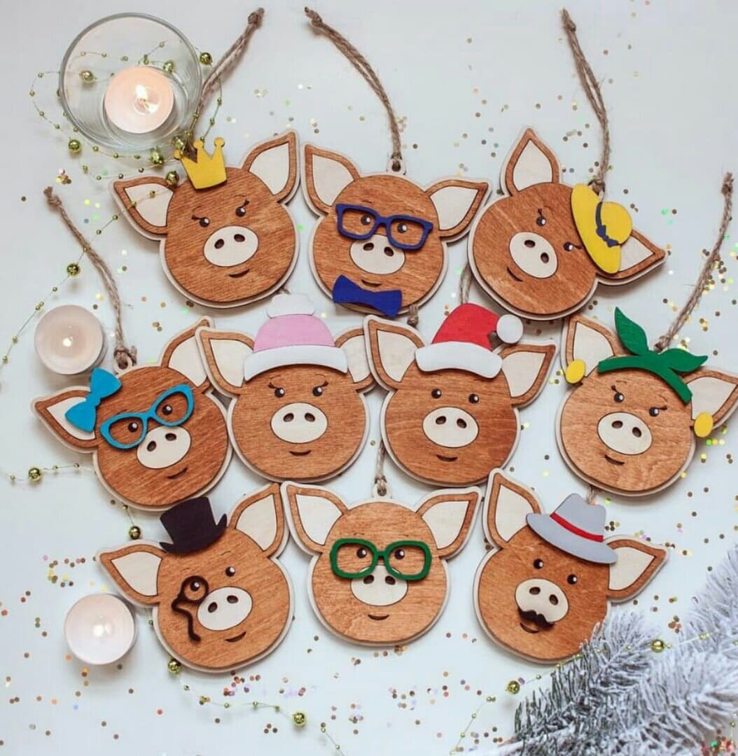 Cute Piggy Christmas Ornaments Laser Cut File Vector