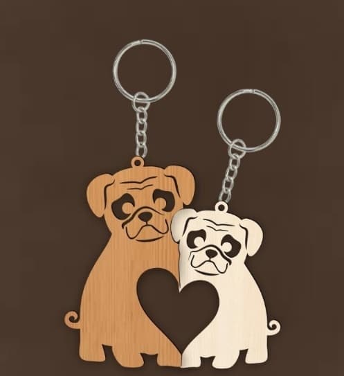 Cute Pug Couple Heart Keychain Laser Cut Vector File