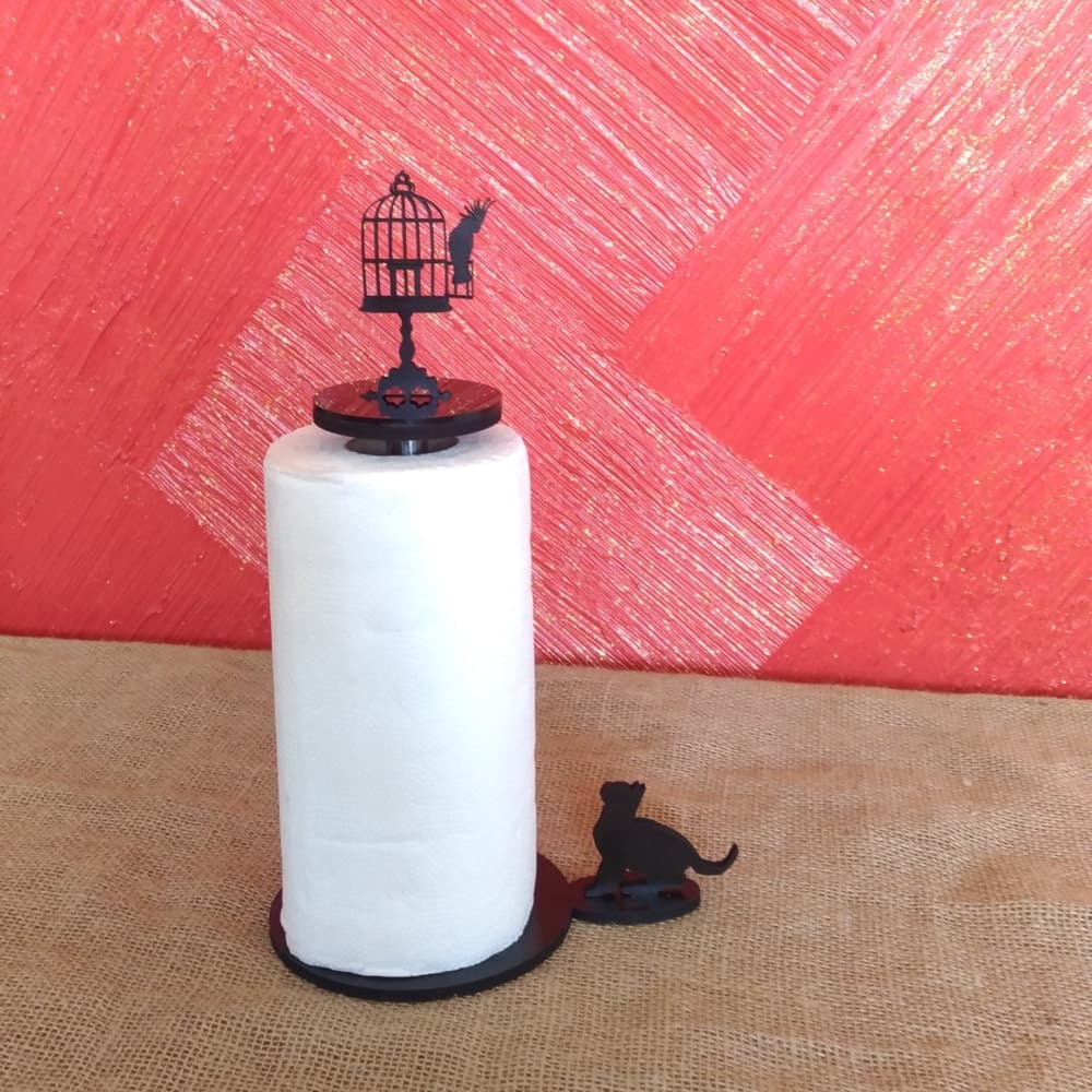 Decorative Cat and Bird Cage Paper Towel Holder Laser Cut Vector
