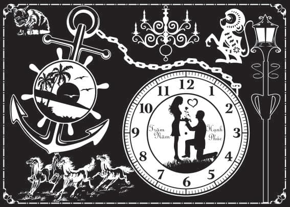 Decorative Wall Clock and Silhouette Scenes Vector Collection