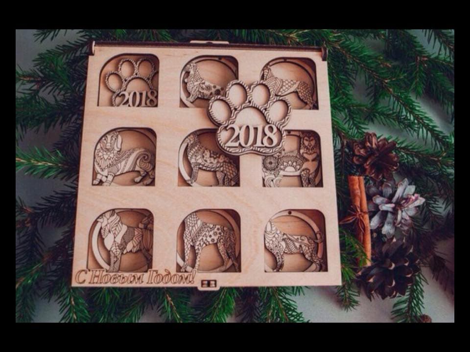 Dog Paw Christmas Ornaments and Gift Box Laser Cut Vector