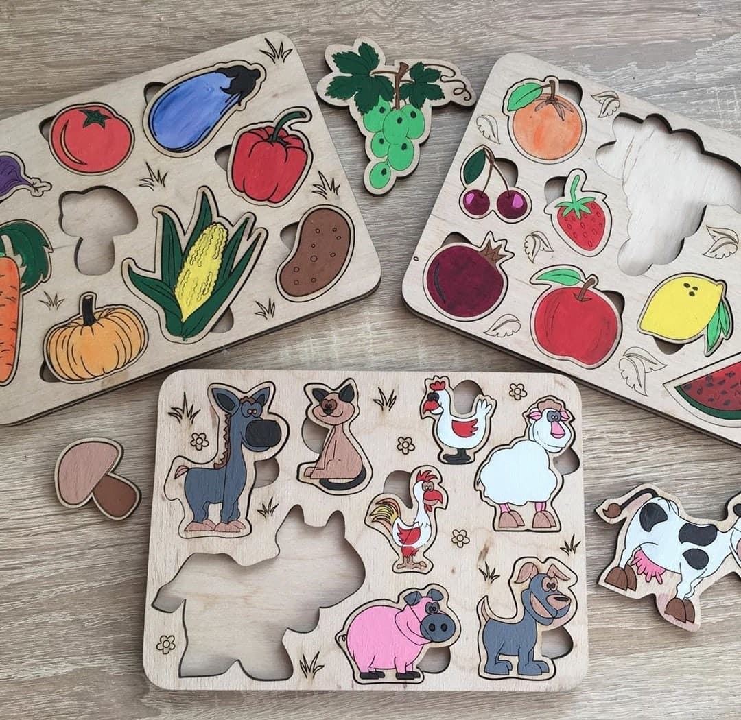 Educational Wooden Farm and Food Peg Puzzle Set Vector File