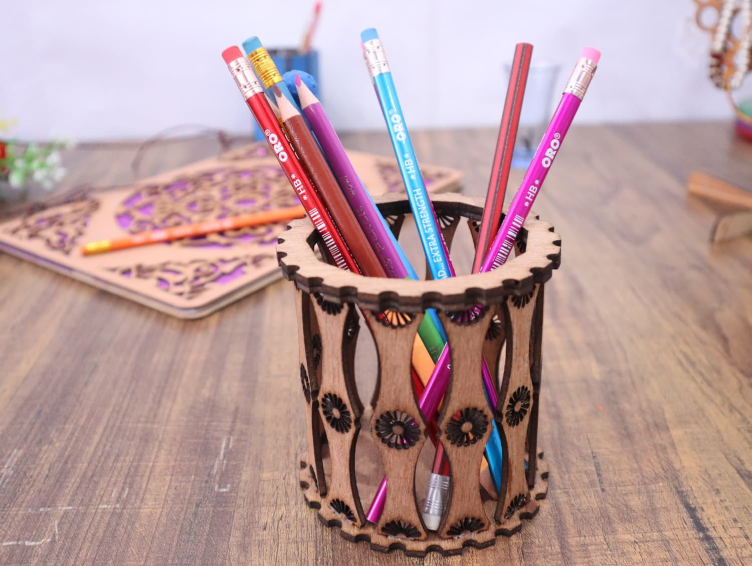 Elegant Laser Cut Pen Holder Vector File for Desk Organizer