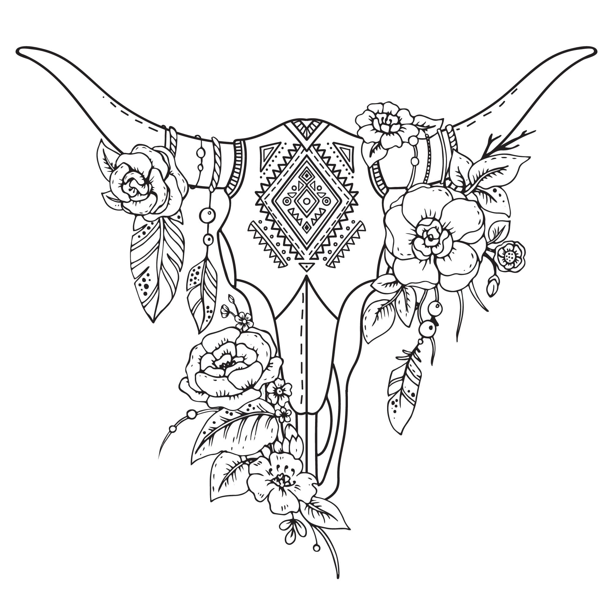 Floral Boho Bull Skull Vector for Laser Cutting (SVG, DXF)