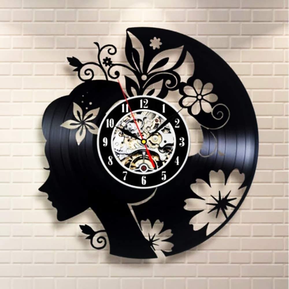 Floral Lady Portrait Vinyl Record Wall Clock Laser Cut Vector