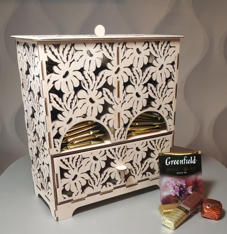 Floral Tea Organizer Box with Drawer Laser Cut Vector File