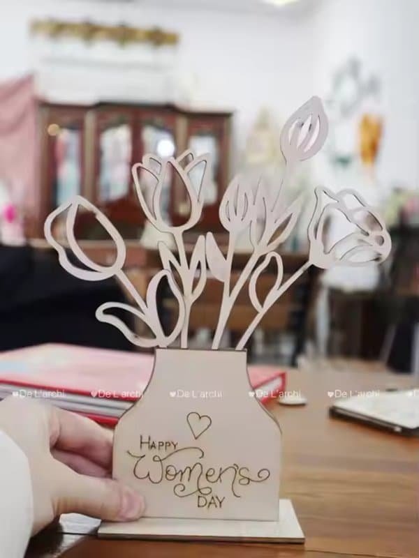 Happy Women's Day Flower Vase Laser Cut Vector File
