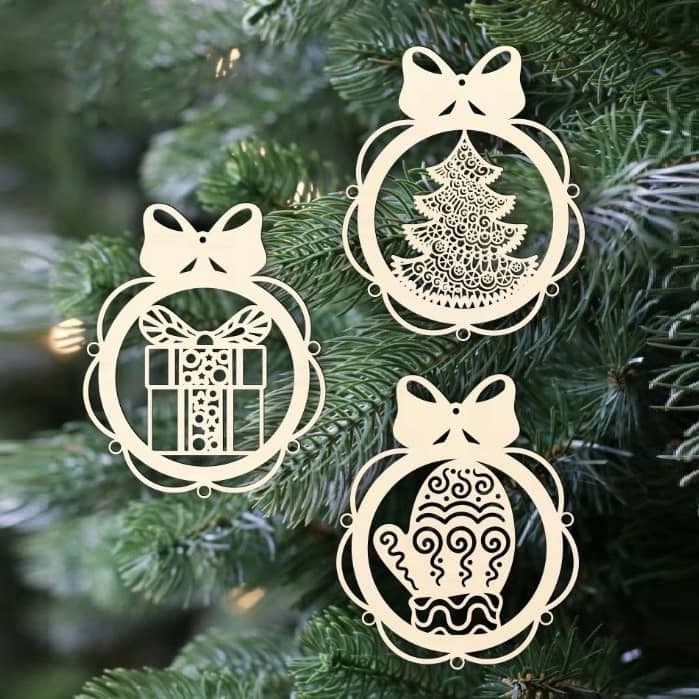 Laser Cut Christmas Ornaments Set with Bows DXF SVG CDR