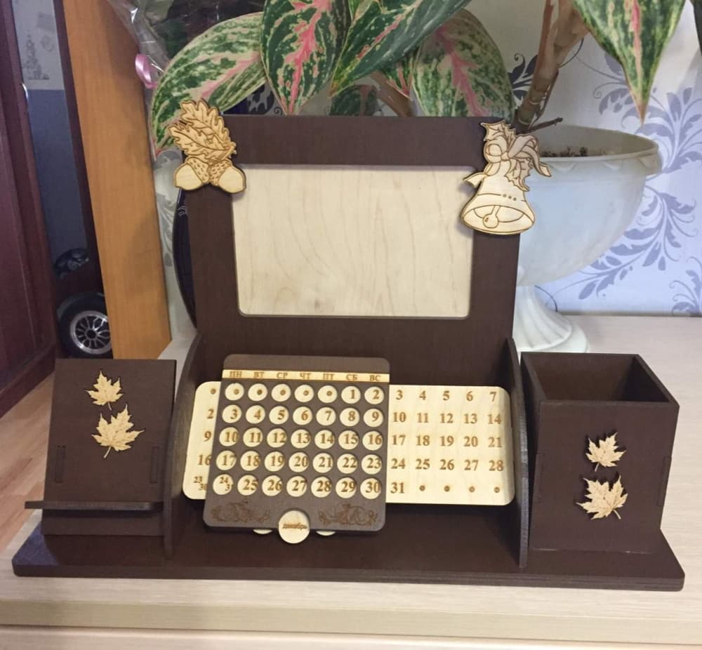 Laser Cut Desk Organizer with Calendar and Photo Frame Vector