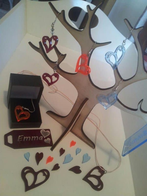 Laser Cut Jewelry Display Tree and Heart Charms Vector DXF