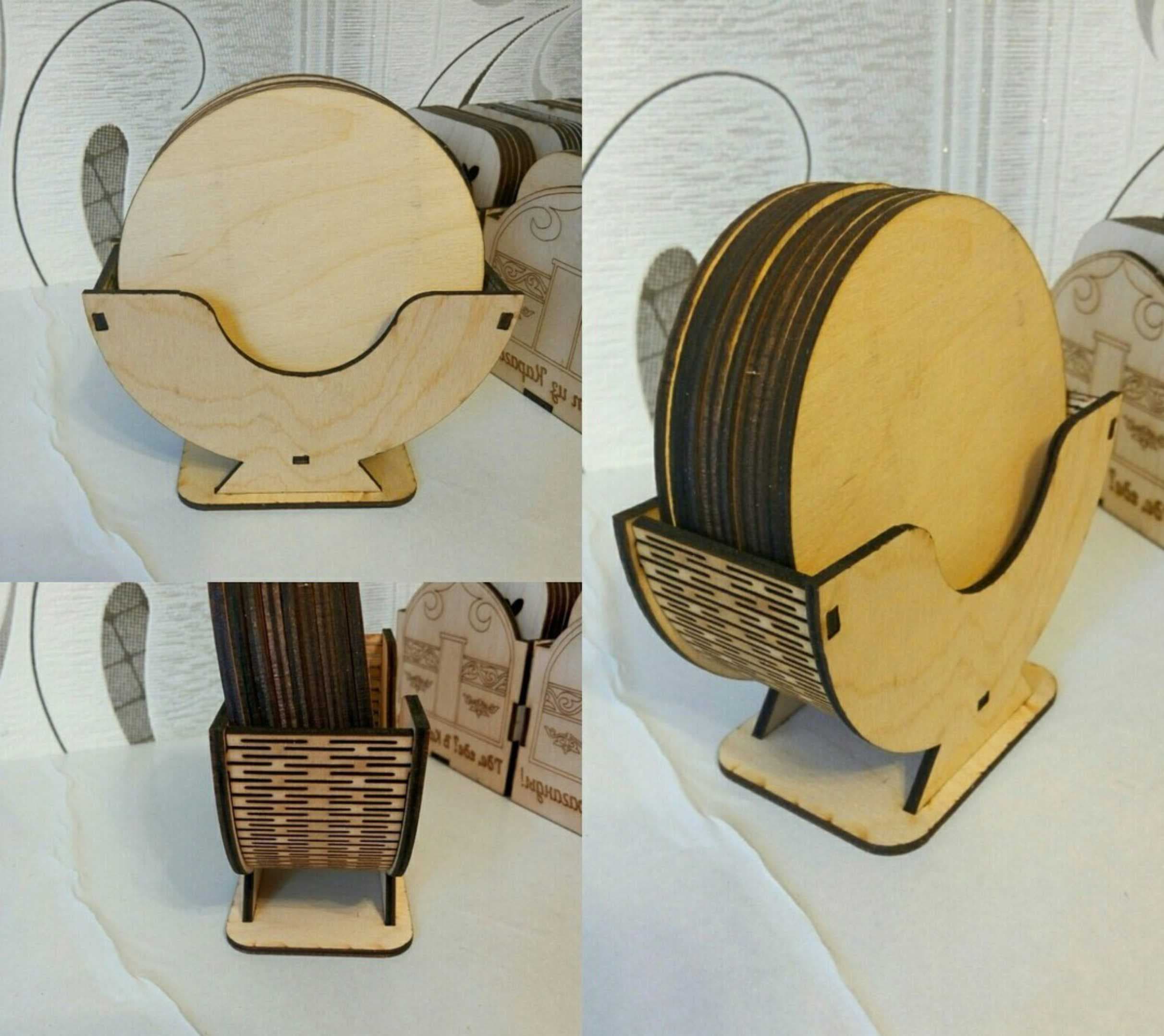 Laser Cut Wooden Coaster Set with Decorative Holder SVG DXF