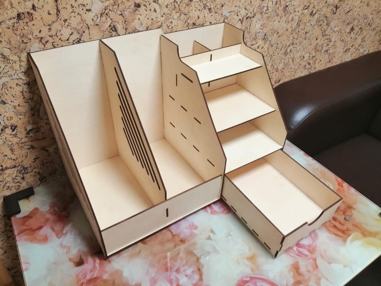 Laser Cut Wooden Desk Organizer with Drawer SVG Vector