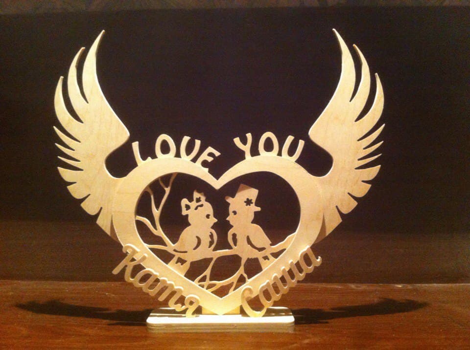 Love Birds Heart Wings Table Decor Laser Cut Vector DXF File
