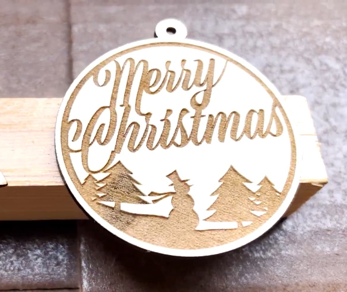 Merry Christmas Ornament with Winter Scene Laser Cut Vector SVG