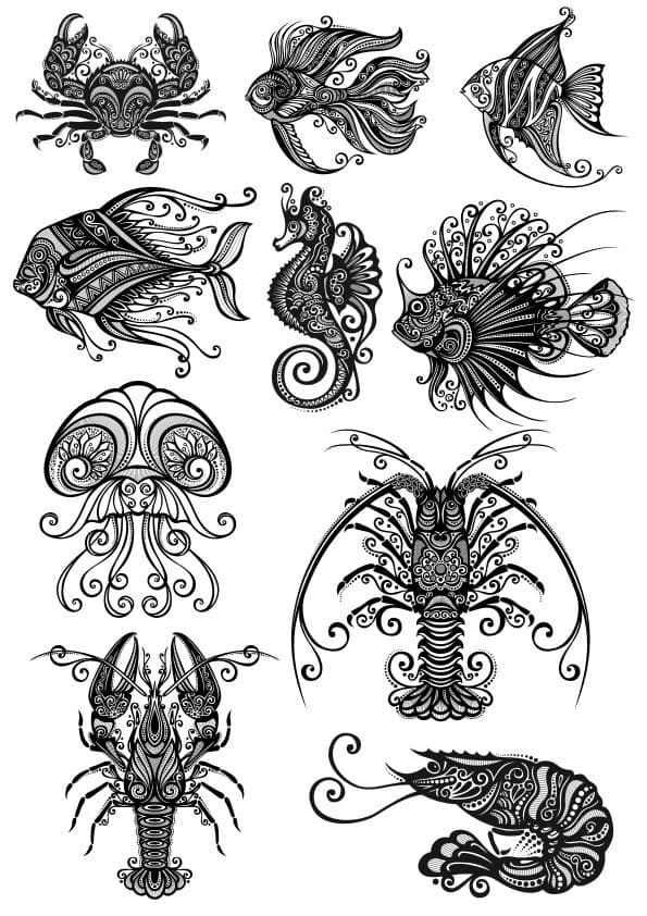 Ornate Sea Creatures Vector Collection for Laser Cutting