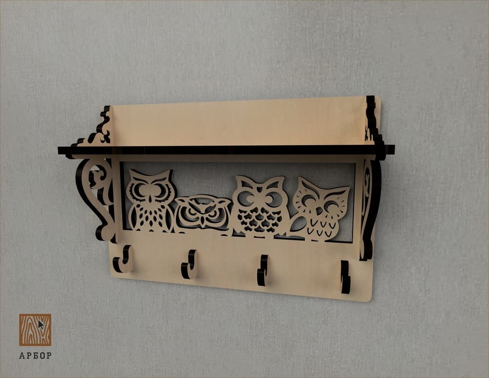 Owl Family Wall Shelf with Hooks Laser Cut Vector File