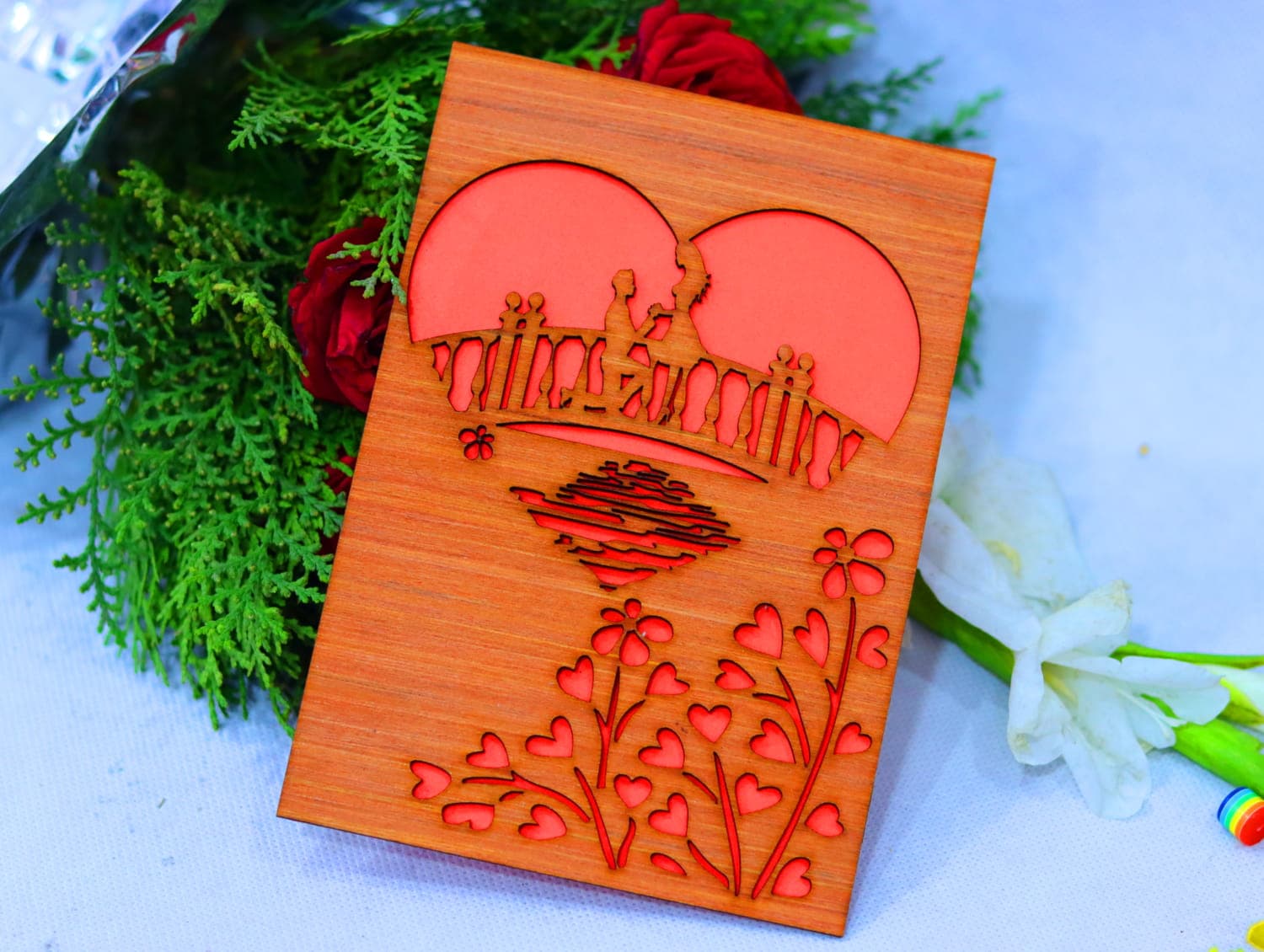 Romantic Couple Bridge Laser Cut Greeting Card Vector