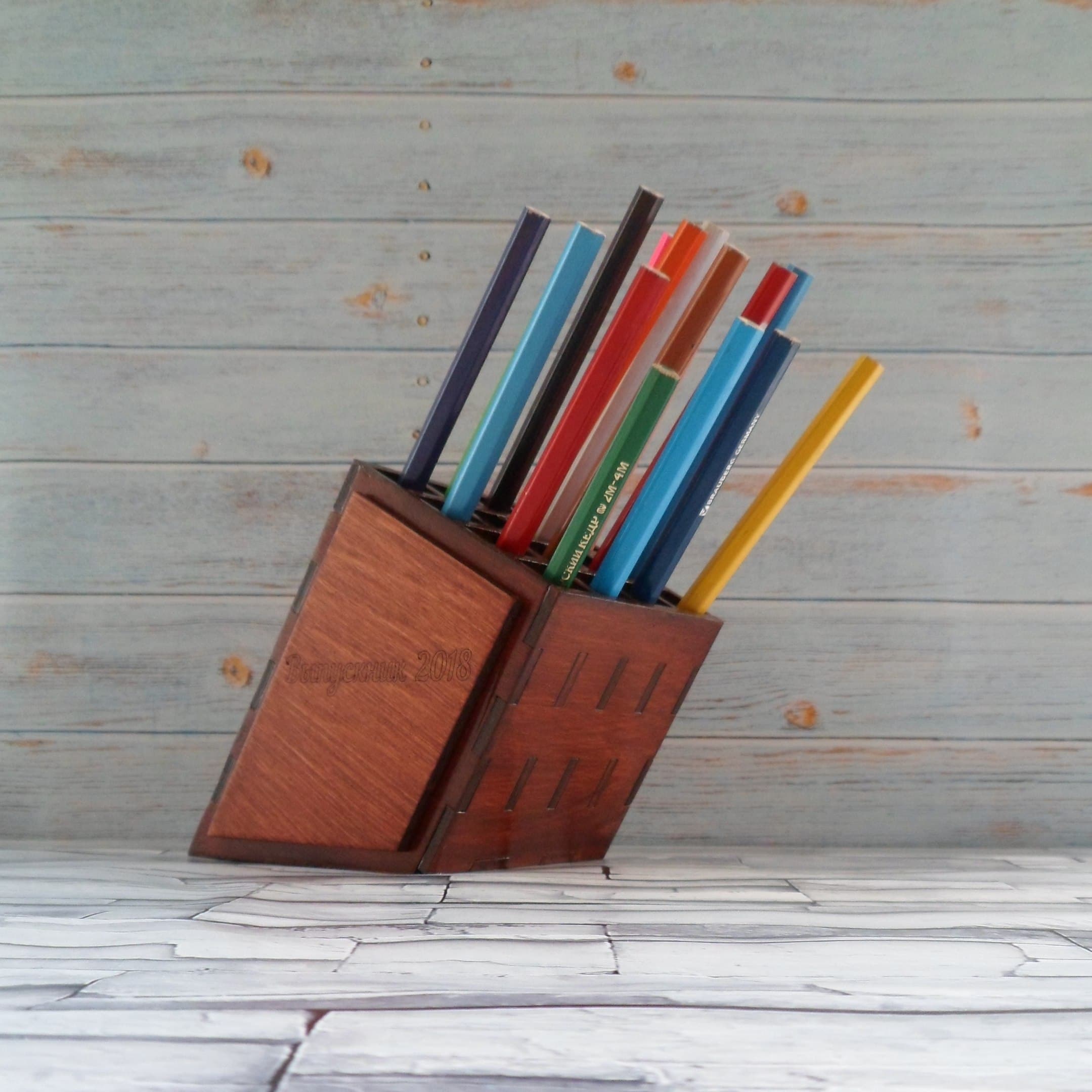 Slanted Wooden Pencil Holder Laser Cut Vector File