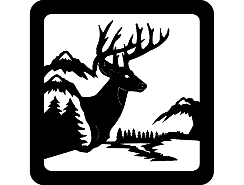 Stag in Mountain Forest Scene Vector File for Laser Cutting