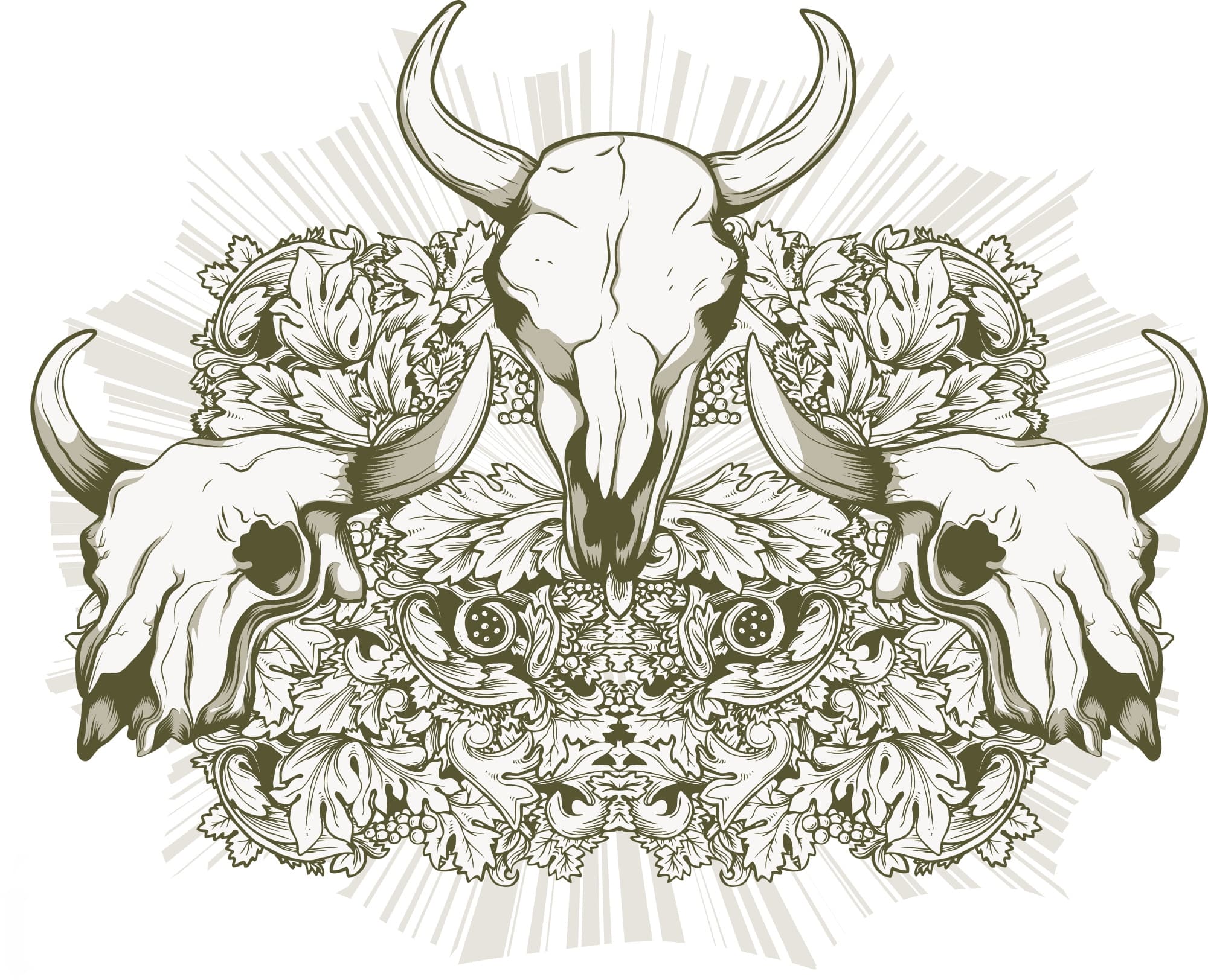 Three Bull Skulls with Baroque Floral Ornament Vector File