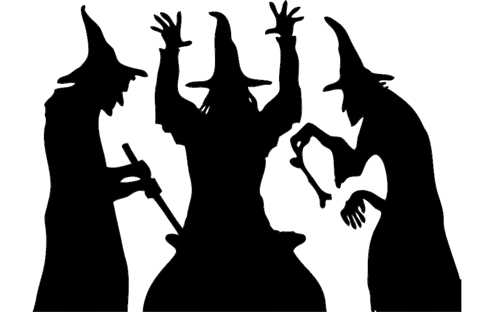Three Witches Around Cauldron Halloween Silhouette DXF Vector