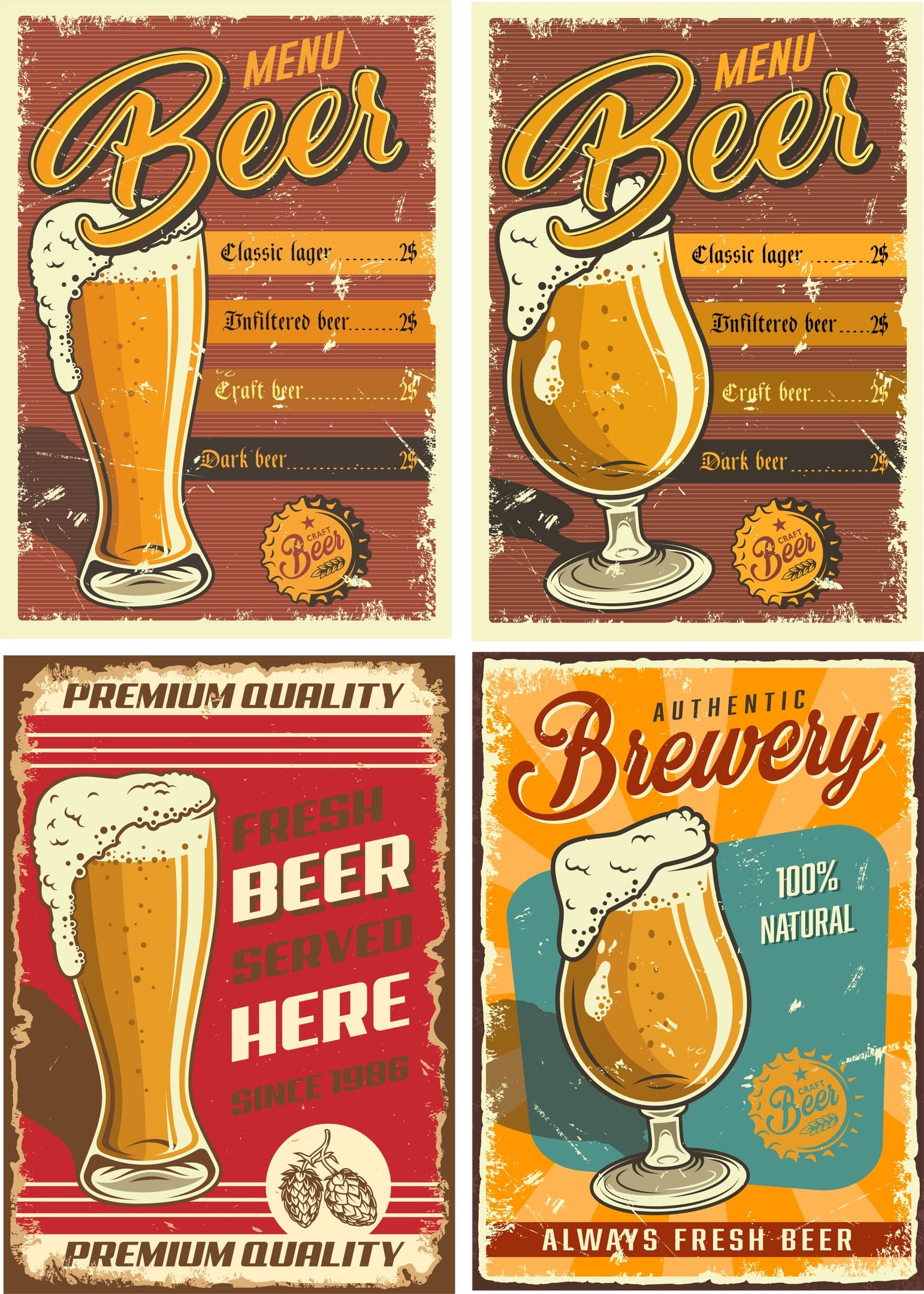 Vintage Beer Menu Posters Vector Set for Laser Cutting