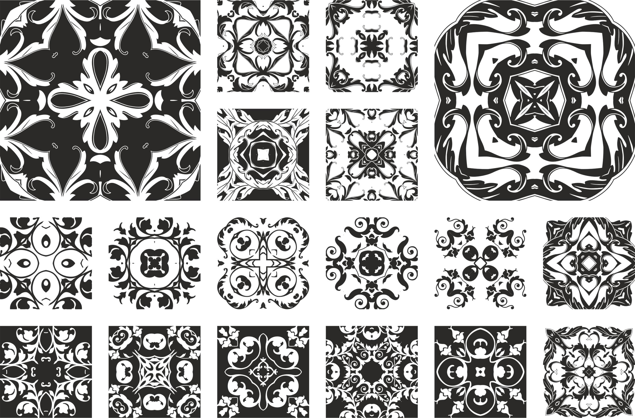 Vintage Floral Tile Ornaments Pack - DXF, CDR, SVG Vector Files