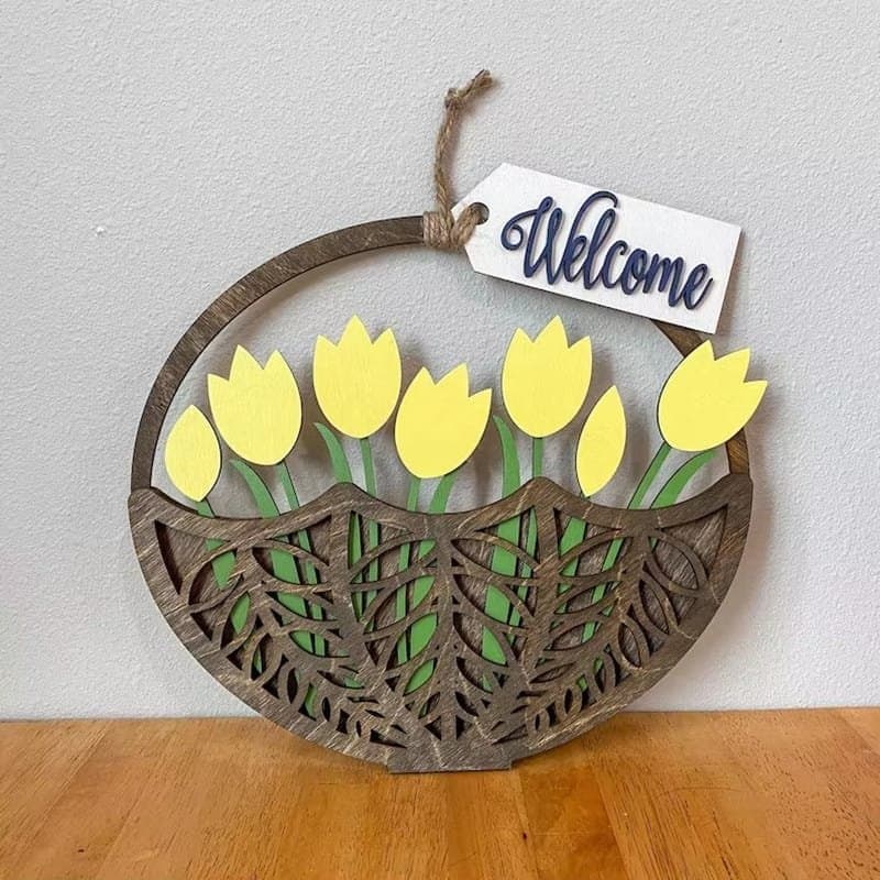 Welcome Tulip Basket Door Hanger Laser Cut Vector File